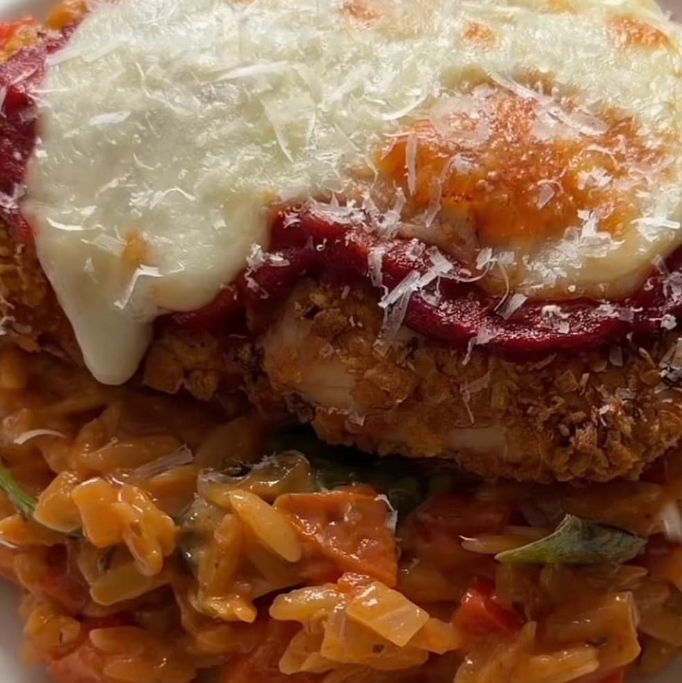 Creamy High-Protein Orzo with Crispy Chicken Parmigiana