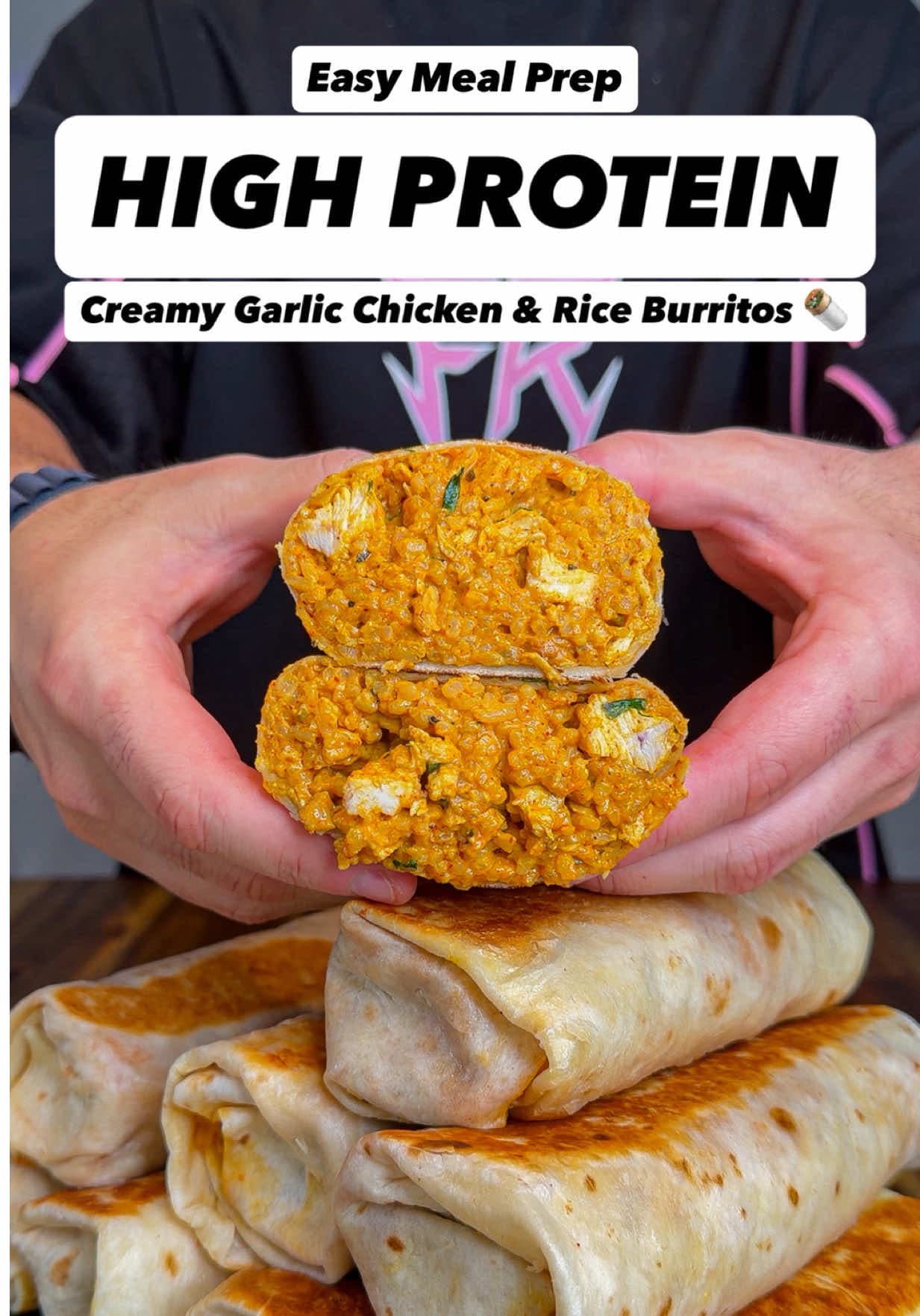 High Protein Creamy Garlic Chicken & Rice Burritos
