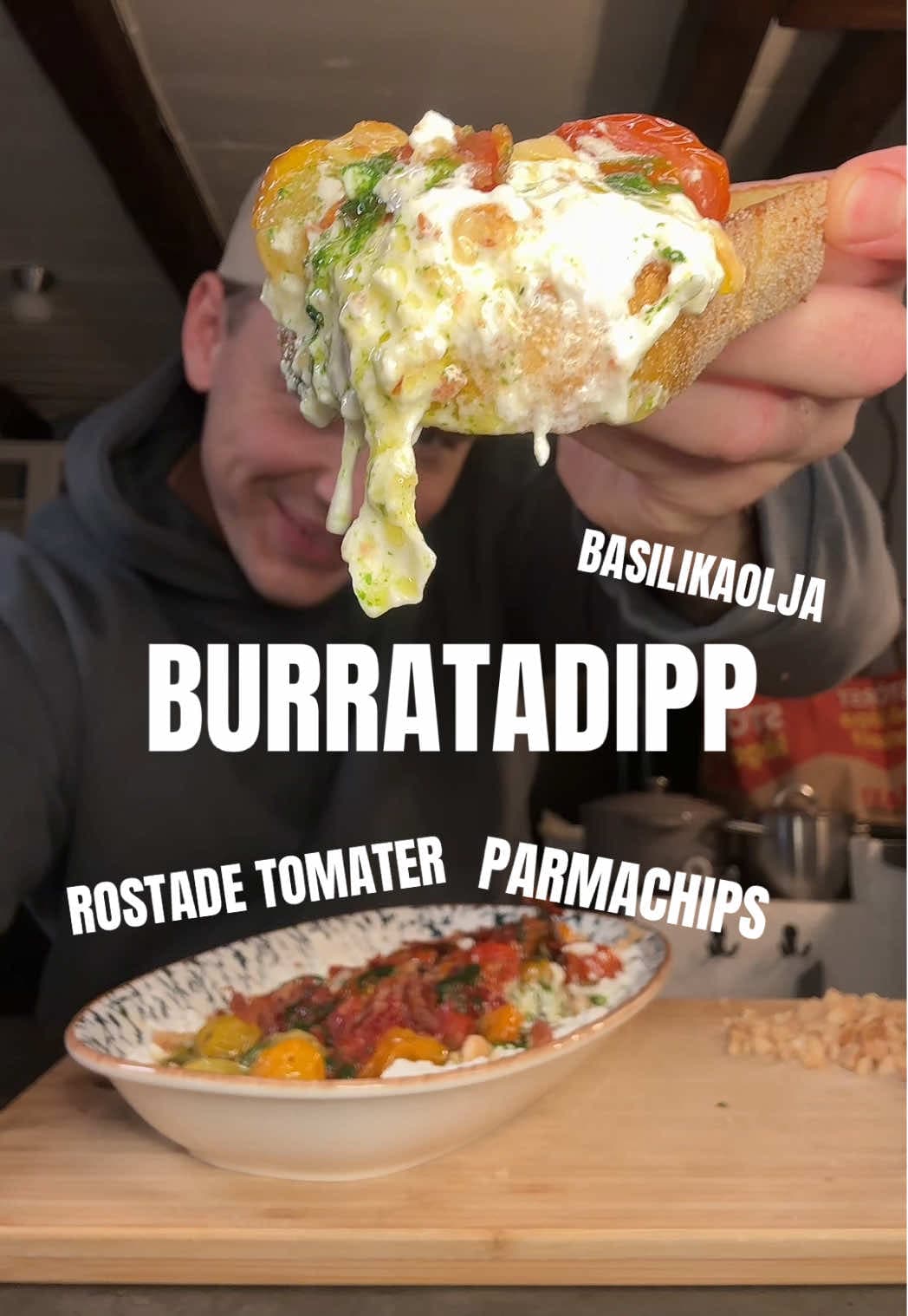 Burrata Dip with Roasted Tomatoes, Parma Chips and Basil Oil