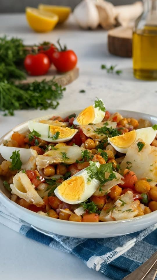 Salada de Grão Crocante com Lascas de Bacalhau