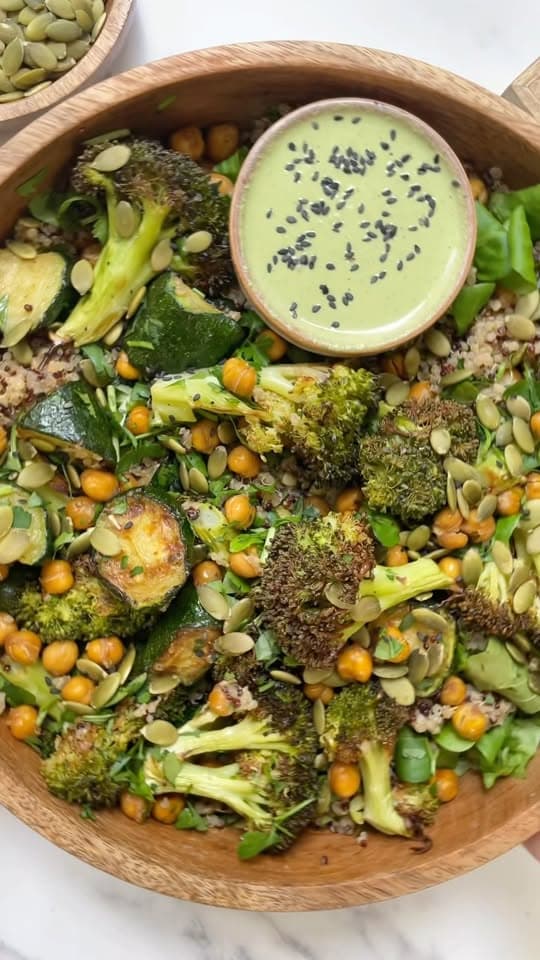 Roasted Broccoli Salad with Pumpkin Seed Dressing