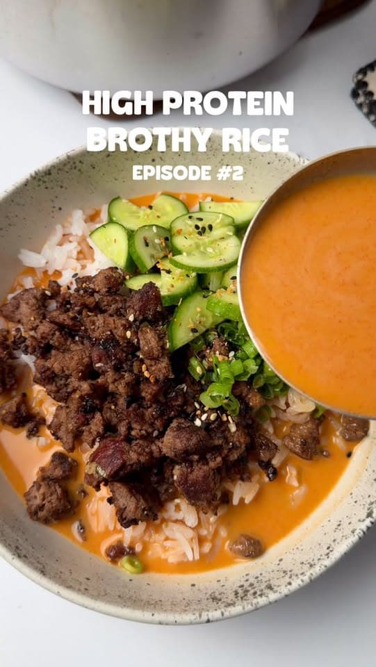 Creamy Gochujang Brothy Rice Bowls with Crispy Miso Sesame Beef