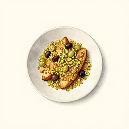Boniato asado con crumble de pistachos y olivas