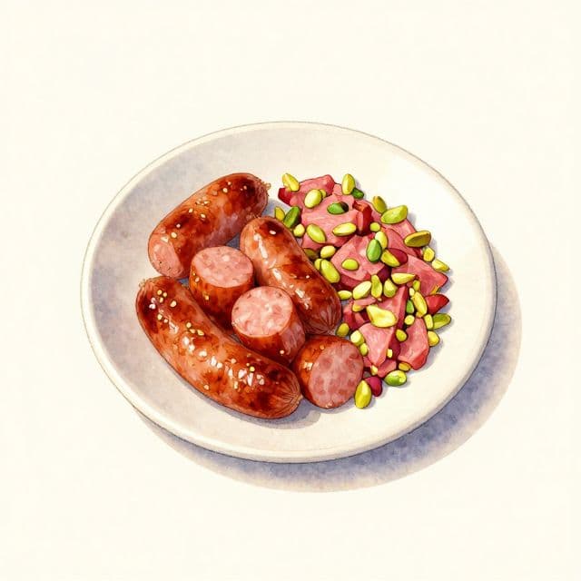 Date-Glazed Sausages or Ham with Pistachio Berry Salsa