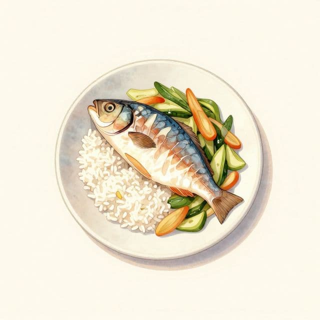 Gebackener Pangasius mit Reis und Gemüse