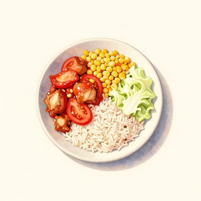 Indisch inspirierte Hähnchen-Tomaten-Reisschale mit Mais und Kohl