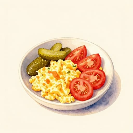 Scrambled Eggs with Tomatoes and Pickles