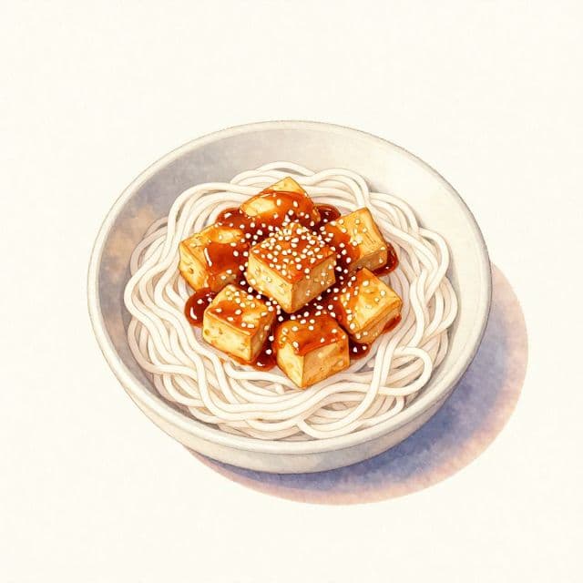 Sesame-Caramelized Tofu on White Rice Noodles