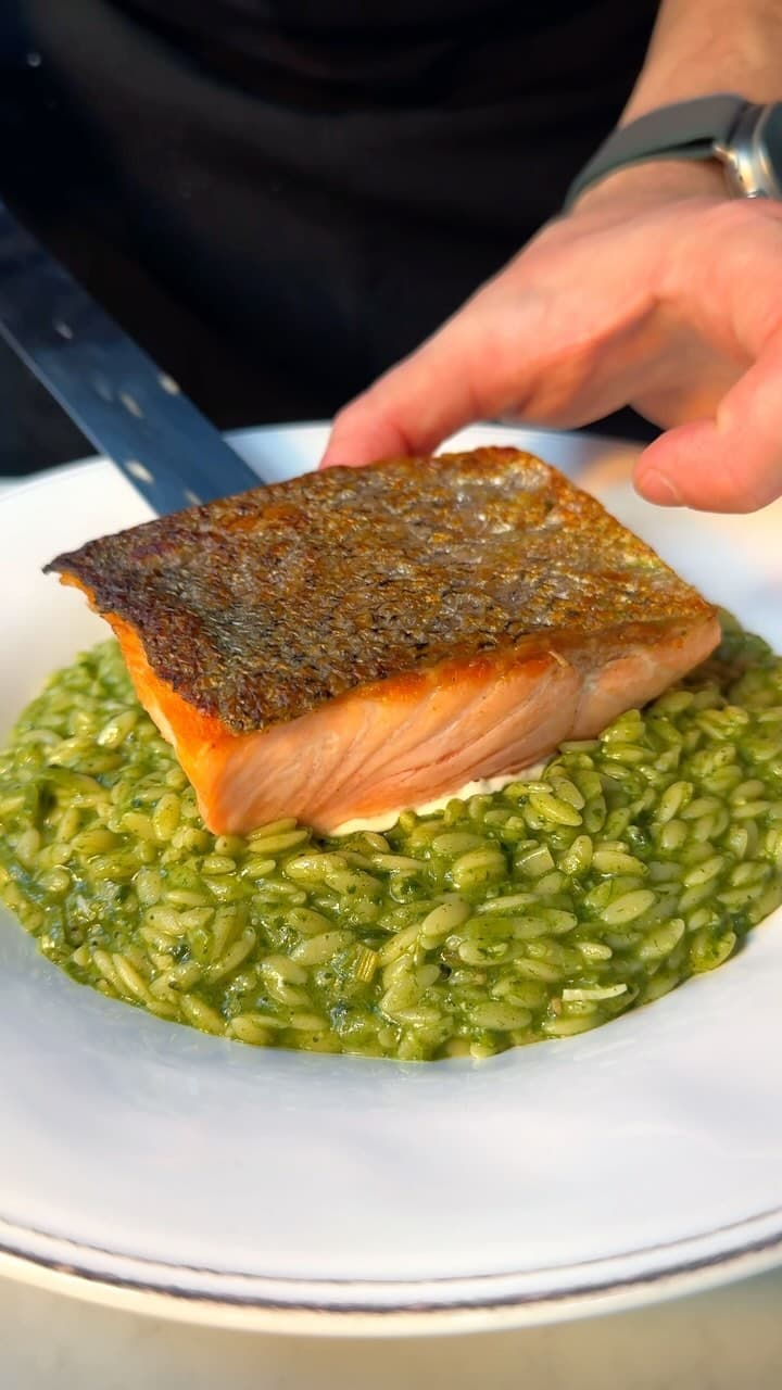 Cream Pesto Orzo with Salmon