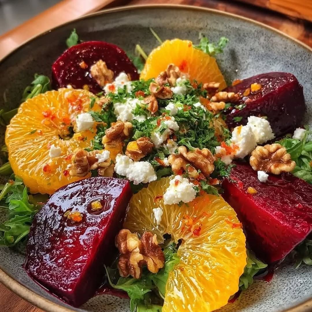 Salada de Beterraba Assada e Citrinos com Feta e Vinagrete de Laranja e Mel