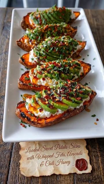 Loaded Sweet Potato Skins with Whipped Feta, Avocado, and Chili Honey