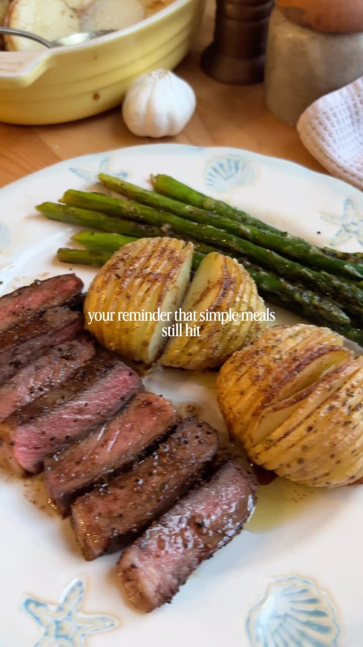 Steak Dinner with Hasselback Potatoes and Asparagus