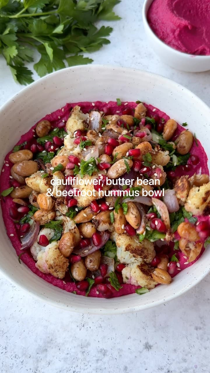 Beetroot Hummus Bowl with Roasted Cauliflower and Butter Beans