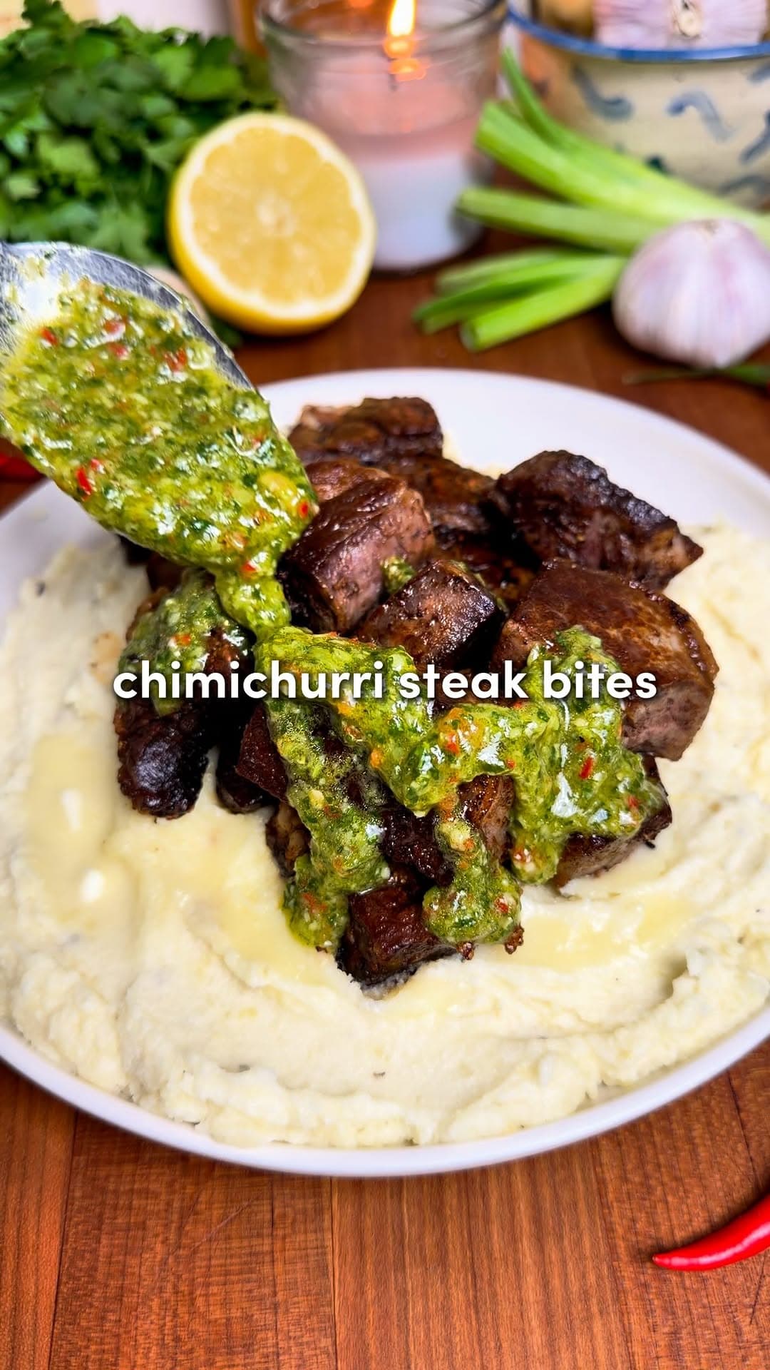 Chimichurri Steak Bites with Garlic Mashed Potatoes