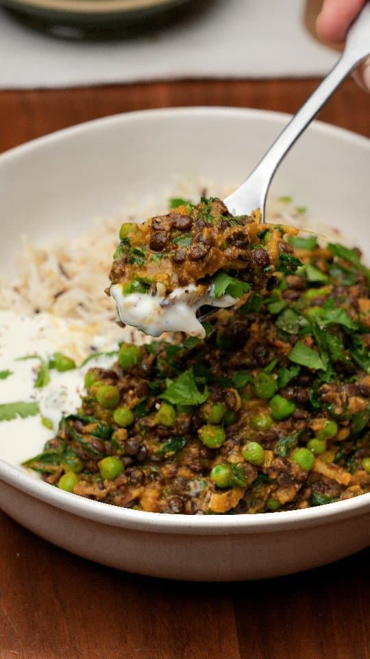 Fenchel-Linsen-Erbsen-Spinat-Curry mit Reis