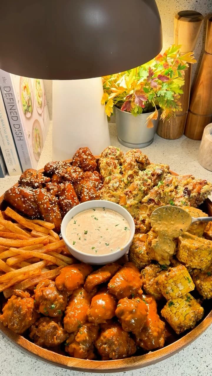 Wingstop Style Garlic Parmesan, Buffalo & Korean BBQ Wings with Cajun Cream Corn and Ranch Fries