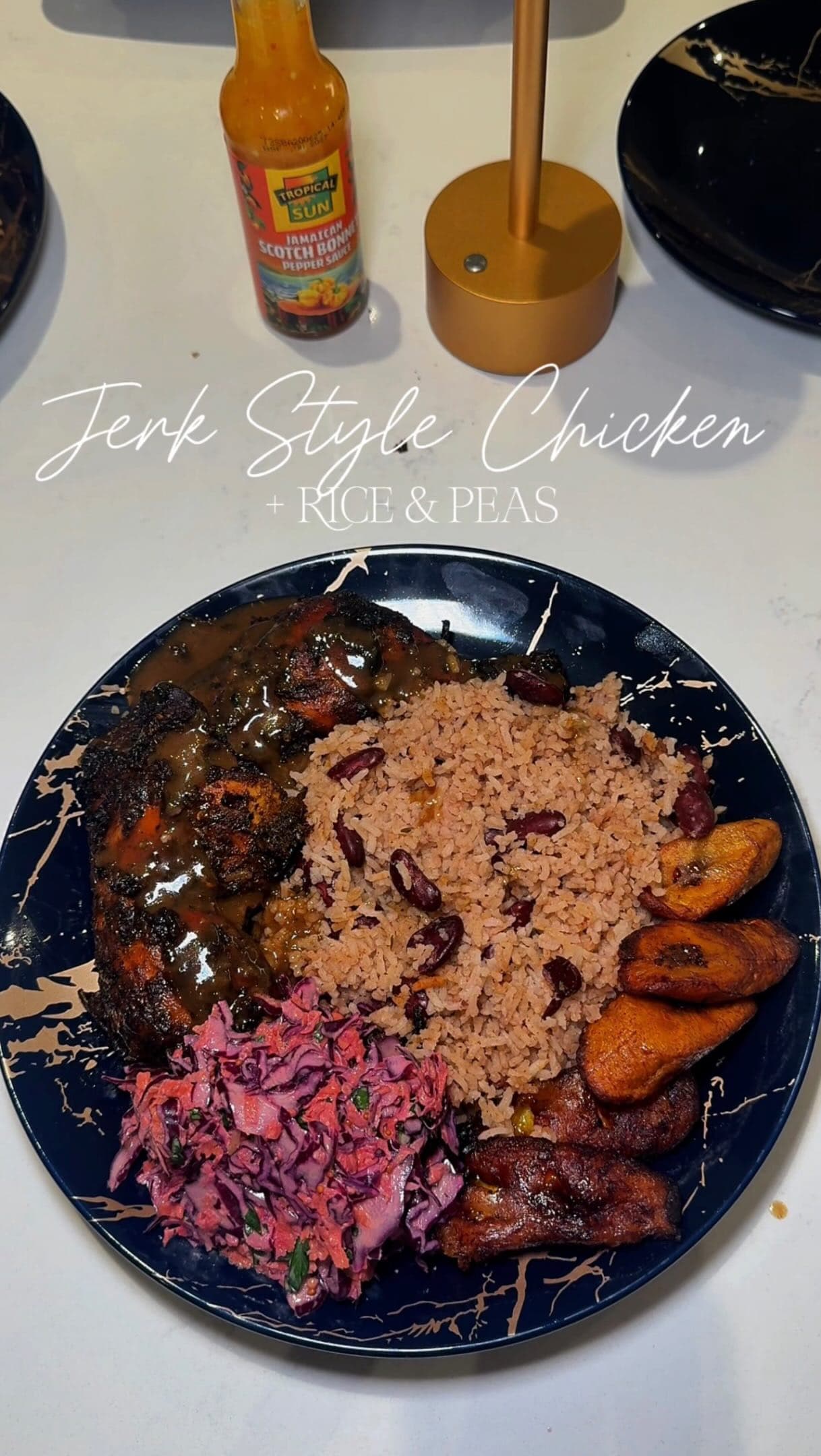 Jerk Chicken with Rice & Peas, Coleslaw, Fried Plantain and Jerk Gravy