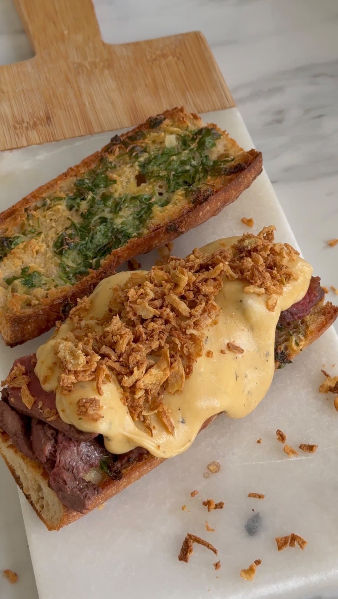 Garlic Bread Steak Sandwich with Melted Cheese and Skinny Fries