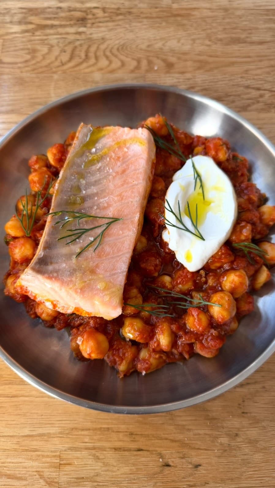 One Pan Poached Salmon with Spicy Harissa Chickpeas