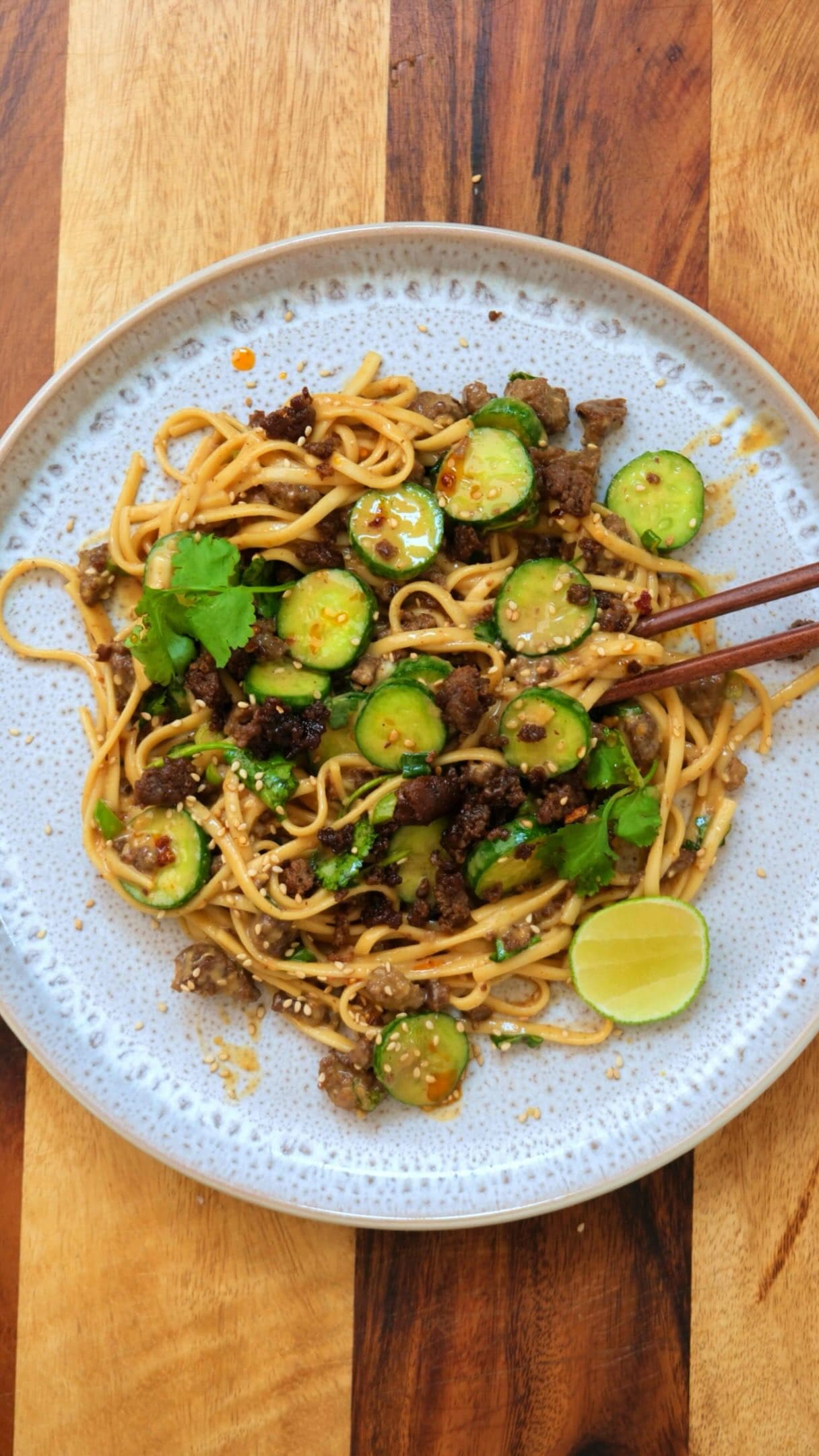 Spicy Cucumber Noodle Salad with Crispy Beef