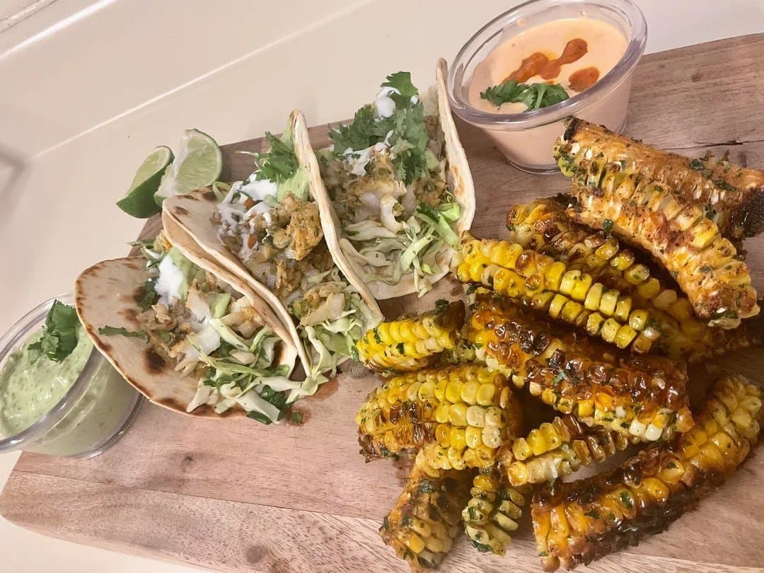 Fish takos with corn ribs, avacado creame, Chile de arbol crema