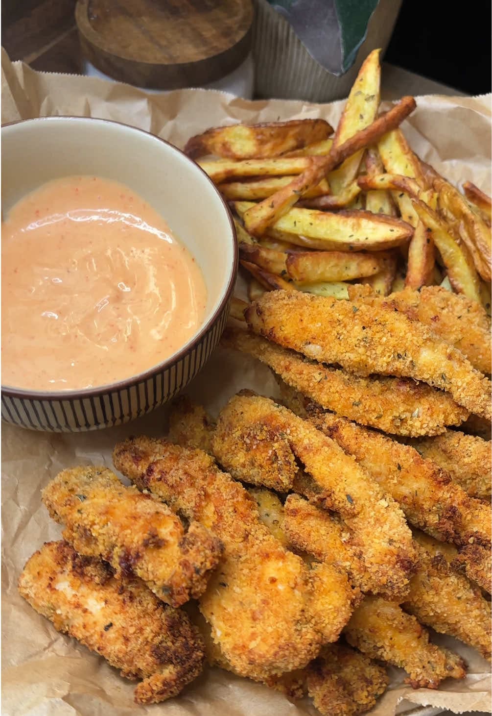 Crispy Chicken Strips with Air Fryer Fries and Spicy Greek Yogurt Dip
