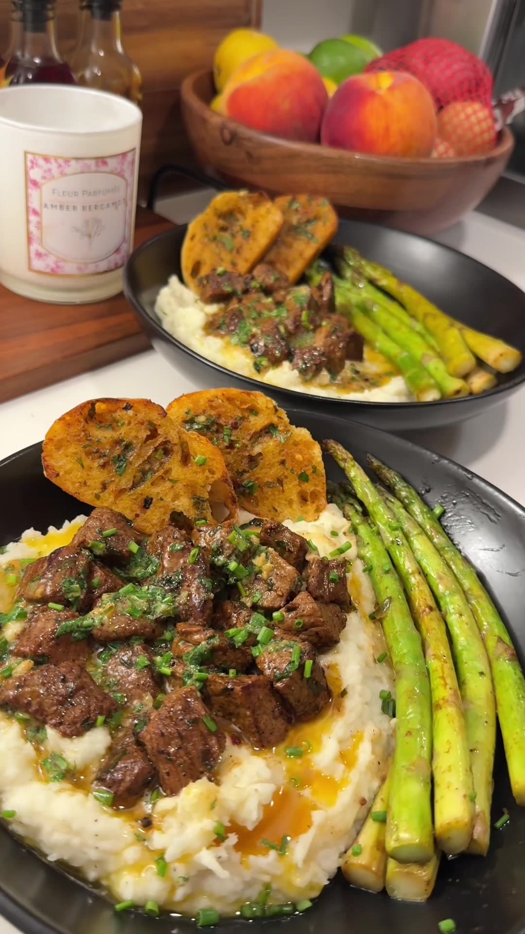 Garlic & Herb Butter Steak Bites over Mashed Potatoes