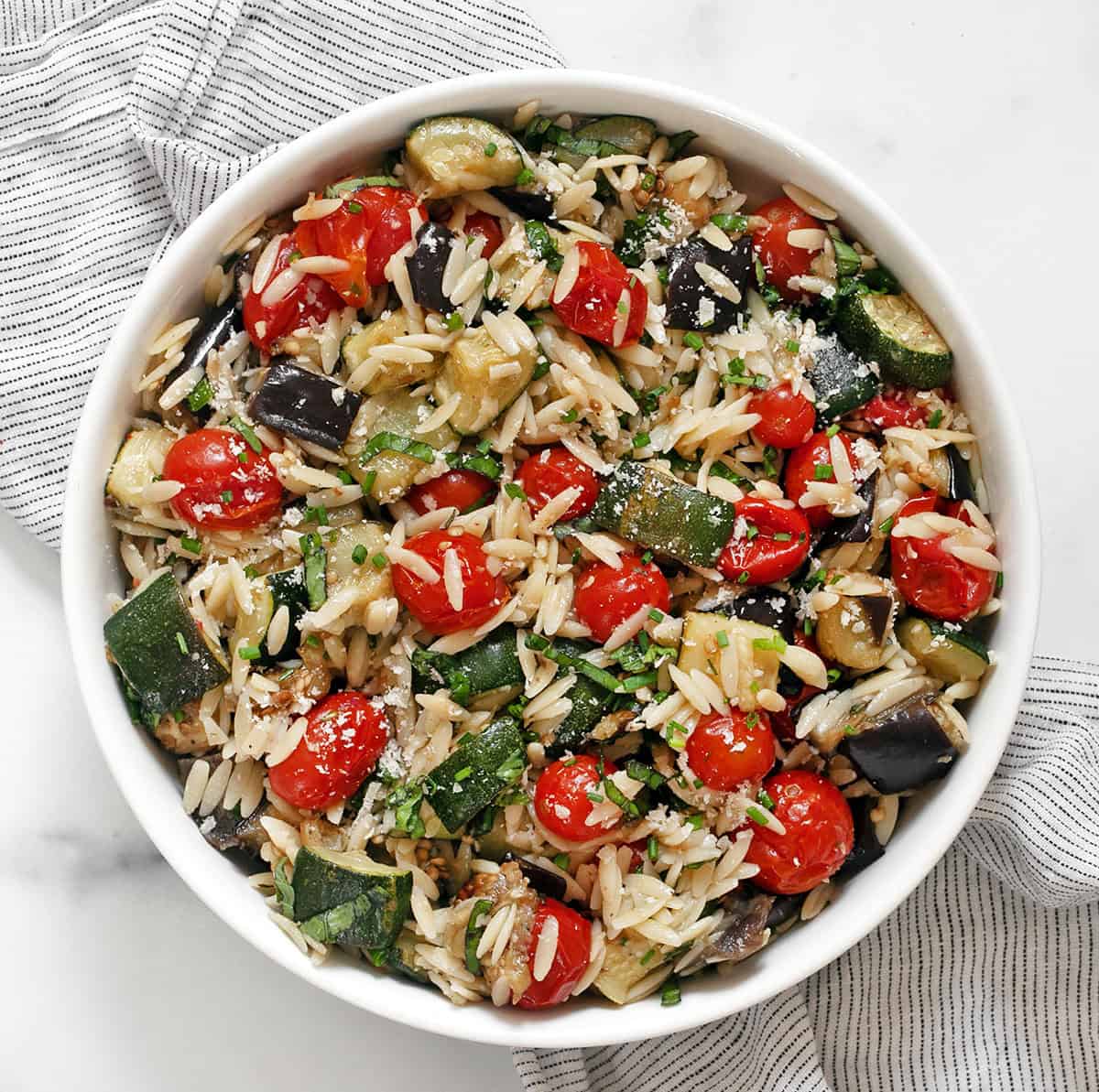 Roasted Eggplant, Zucchini and Tomato Orzo
