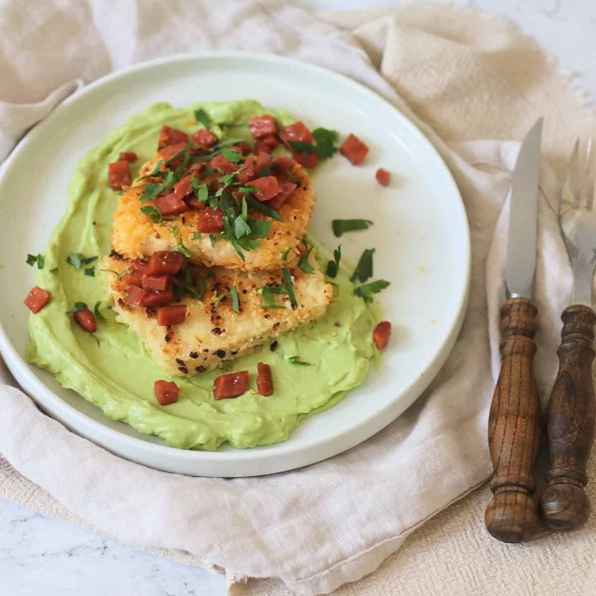 Crispy Lemon Pepper Tofu with Creamy Avocado Sauce and Vegan Bacon Crunch